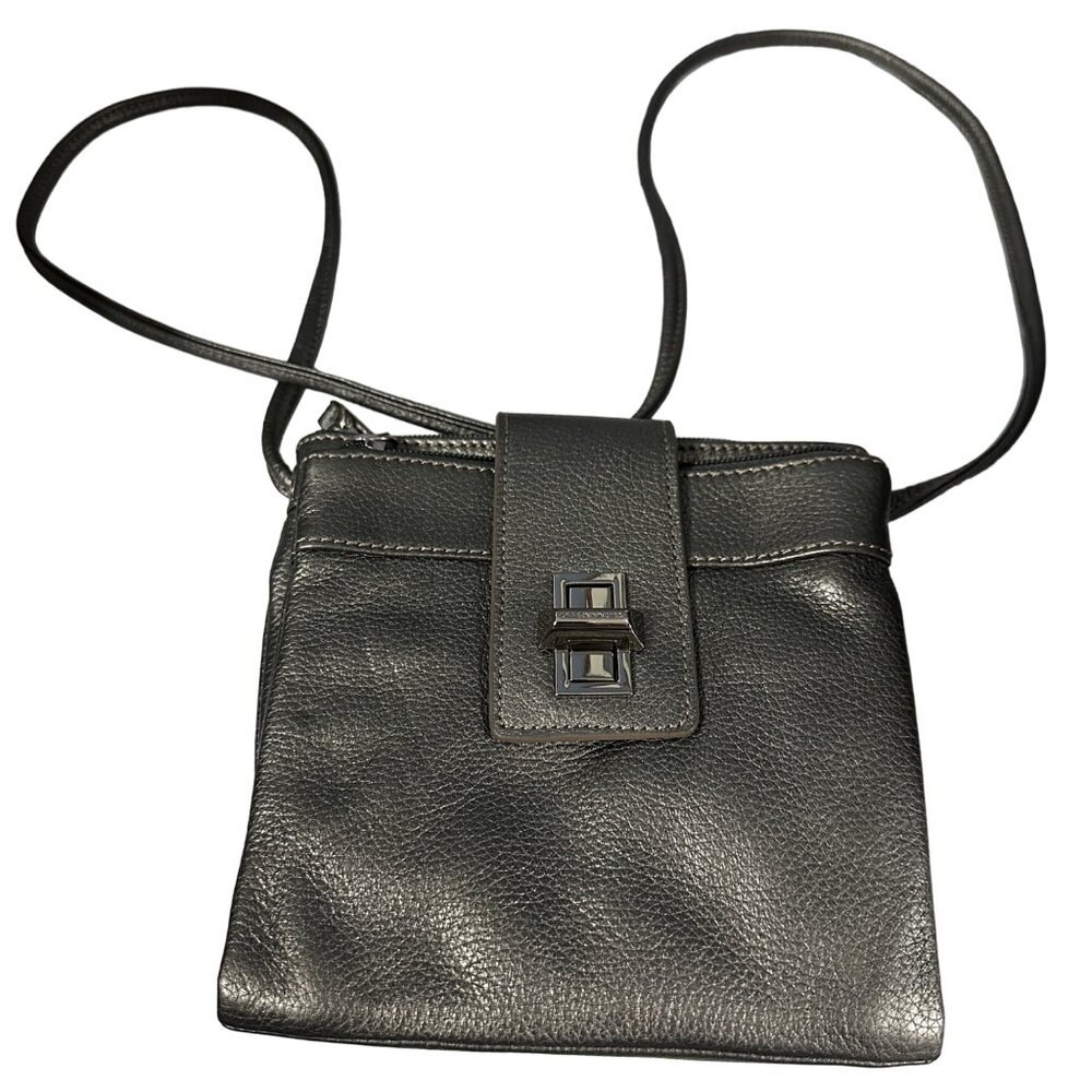 Tignanello silver pebble leather multi compartment crossbody purse satin lining